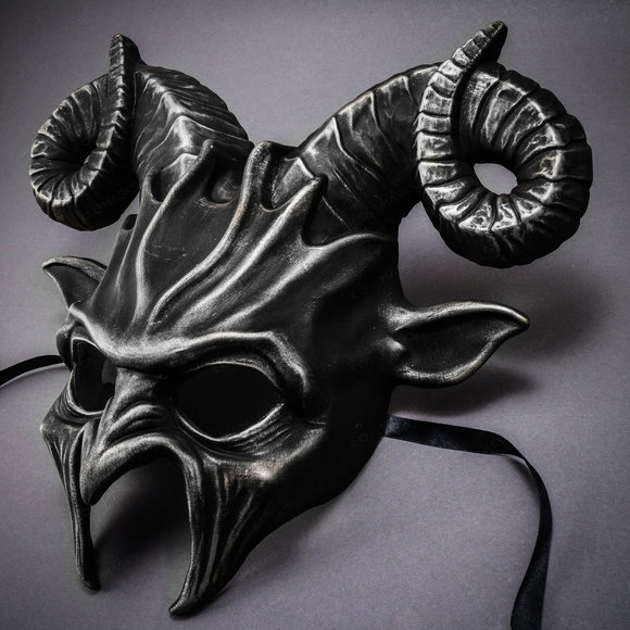 Krampus Ram Demon with Horns Devil Halloween Mask - Black Silver - Picture 3 of 8